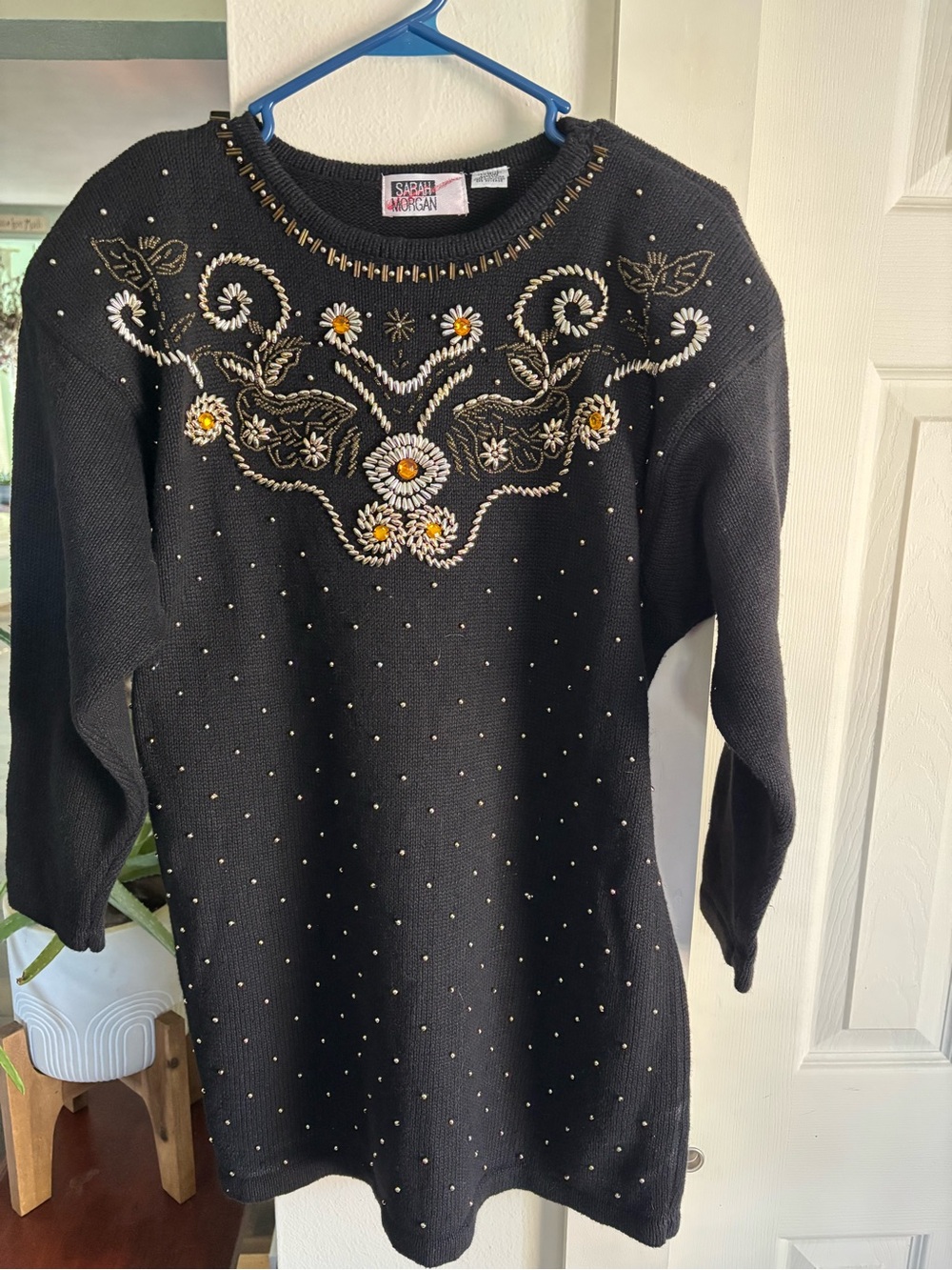 Sarah Morgan Black Long-Sleeve Embroidered Dress with Gold Studs